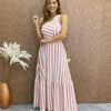 Vestido Longo Antonella com Bojo Nula Manga Listrado Rosa - Fernanda Ramos Store