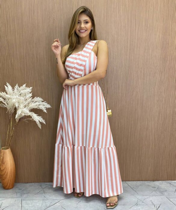 Vestido Longo Antonella com Bojo Nula Manga Listrado Rosa - Fernanda Ramos Store