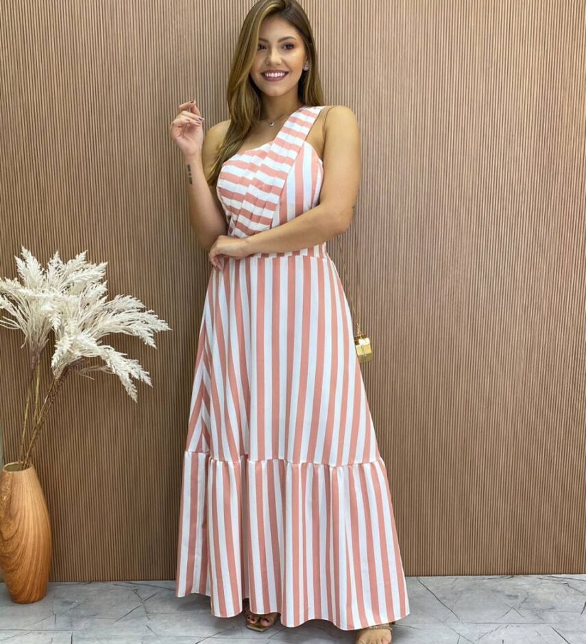Vestido Longo Antonella com Bojo Nula Manga Listrado Rosa - Fernanda Ramos Store
