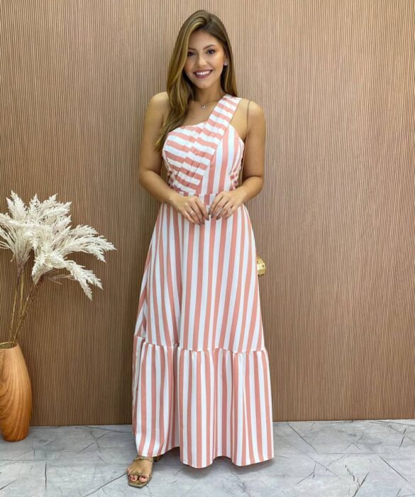 Vestido Longo Antonella com Bojo Nula Manga Listrado Rosa - Fernanda Ramos Store