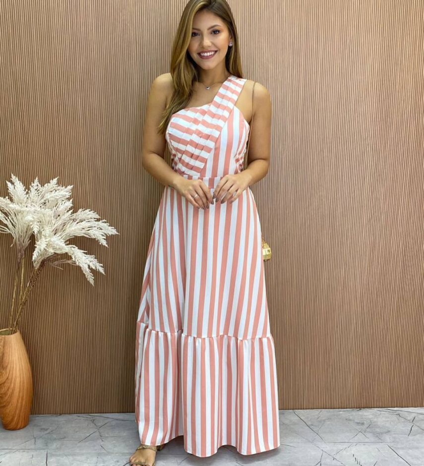Vestido Longo Antonella com Bojo Nula Manga Listrado Rosa - Fernanda Ramos Store