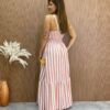 Vestido Longo Antonella com Bojo Nula Manga Listrado Rosa - Fernanda Ramos Store