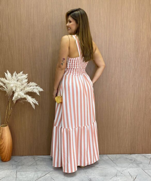 Vestido Longo Antonella com Bojo Nula Manga Listrado Rosa - Fernanda Ramos Store