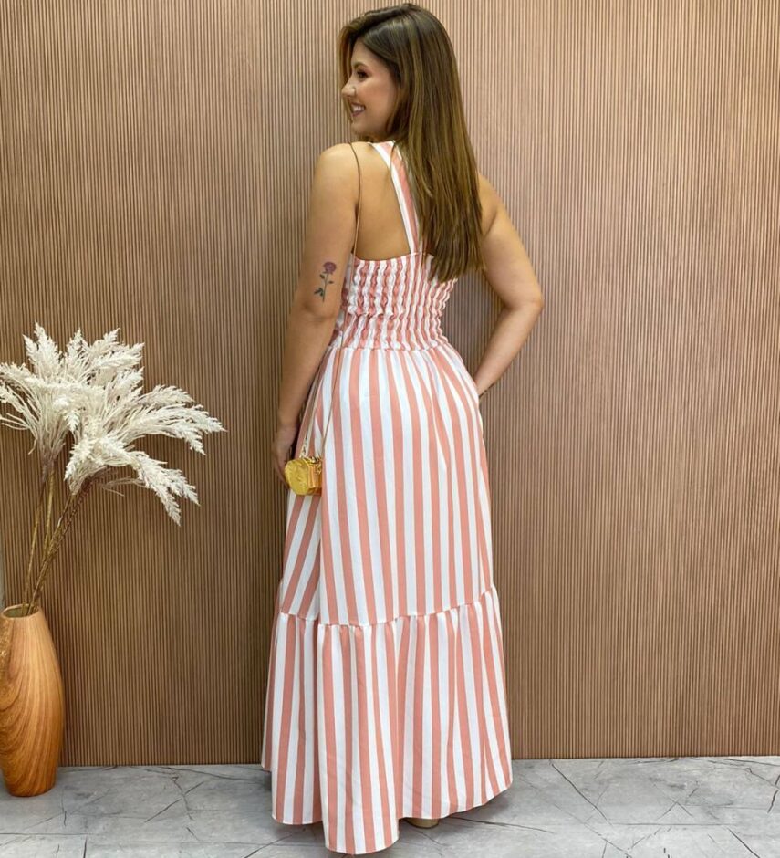 Vestido Longo Antonella com Bojo Nula Manga Listrado Rosa - Fernanda Ramos Store