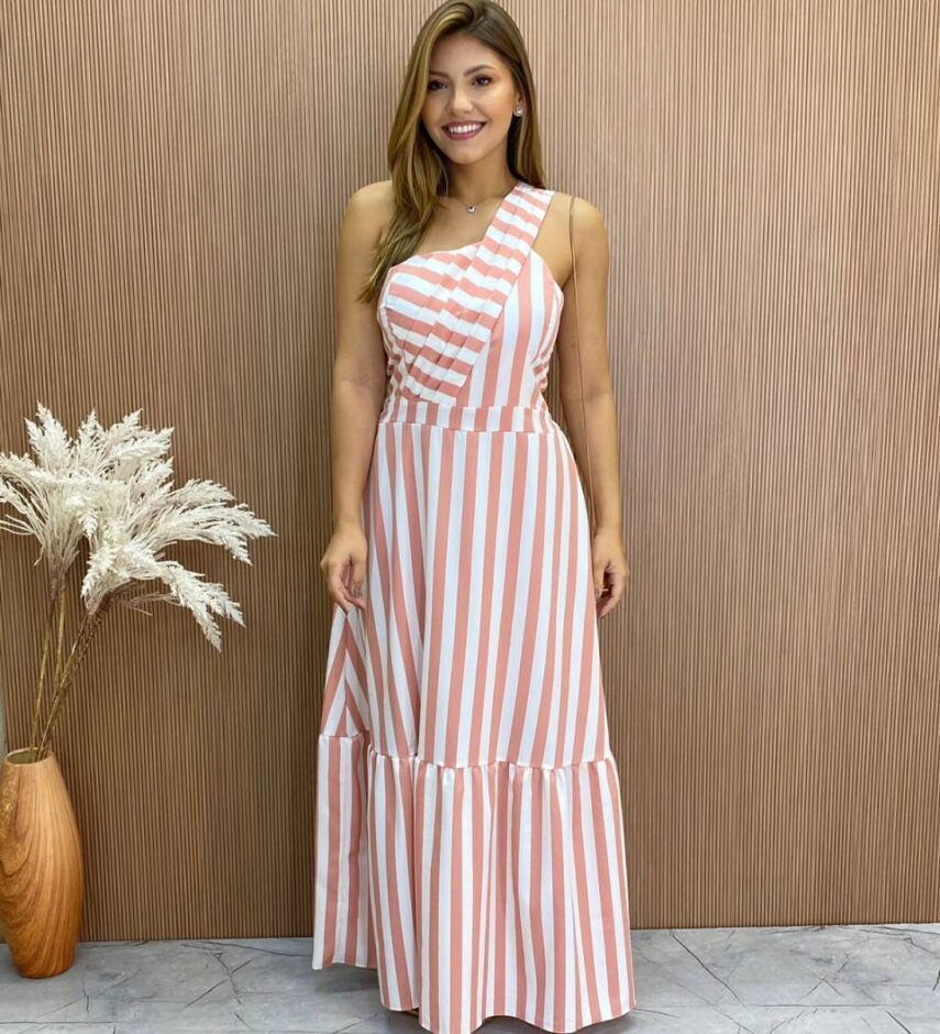 Vestido Longo Antonella com Bojo Nula Manga Listrado Rosa - Fernanda Ramos Store