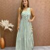 Vestido Longo Antonella com Bojo Nula Manga Listrado Verde - Fernanda Ramos Store