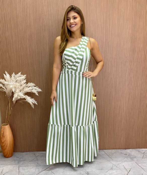 Vestido Longo Antonella com Bojo Nula Manga Listrado Verde - Fernanda Ramos Store