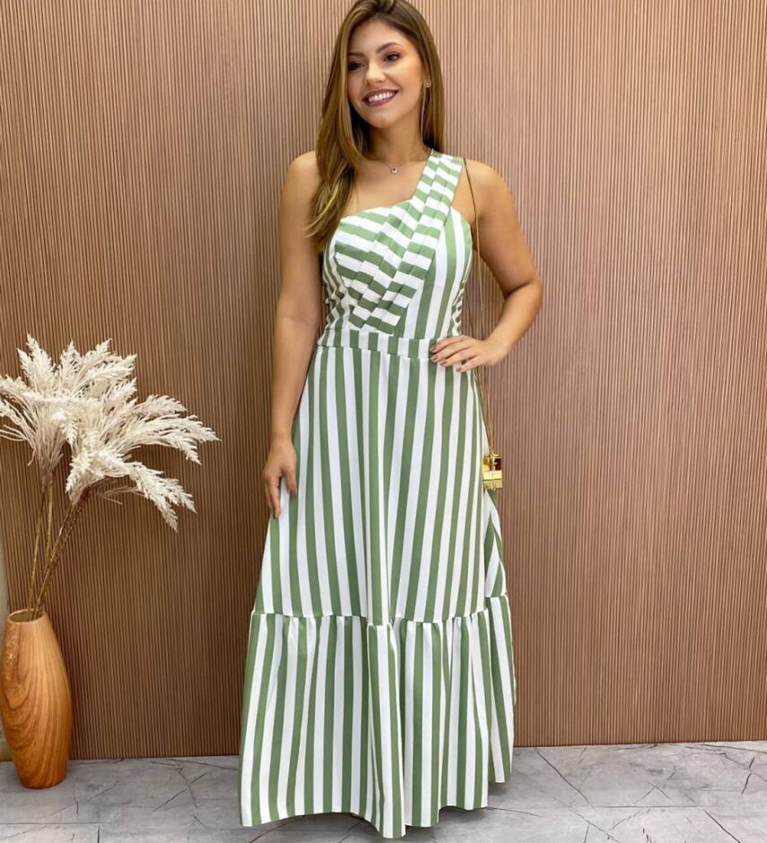 Vestido Longo Antonella com Bojo Nula Manga Listrado Verde - Fernanda Ramos Store