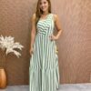 Vestido Longo Antonella com Bojo Nula Manga Listrado Verde - Fernanda Ramos Store