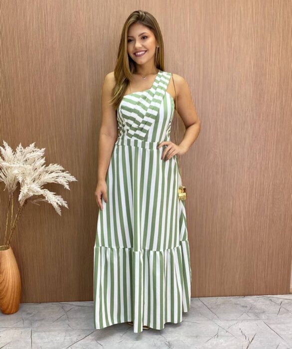 Vestido Longo Antonella com Bojo Nula Manga Listrado Verde - Fernanda Ramos Store