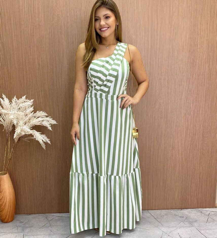 Vestido Longo Antonella com Bojo Nula Manga Listrado Verde - Fernanda Ramos Store