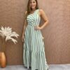 Vestido Longo Antonella com Bojo Nula Manga Listrado Verde - Fernanda Ramos Store