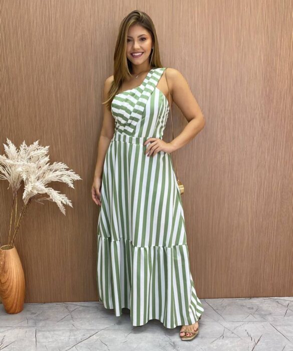 Vestido Longo Antonella com Bojo Nula Manga Listrado Verde - Fernanda Ramos Store