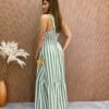 Vestido Longo Antonella com Bojo Nula Manga Listrado Verde - Fernanda Ramos Store