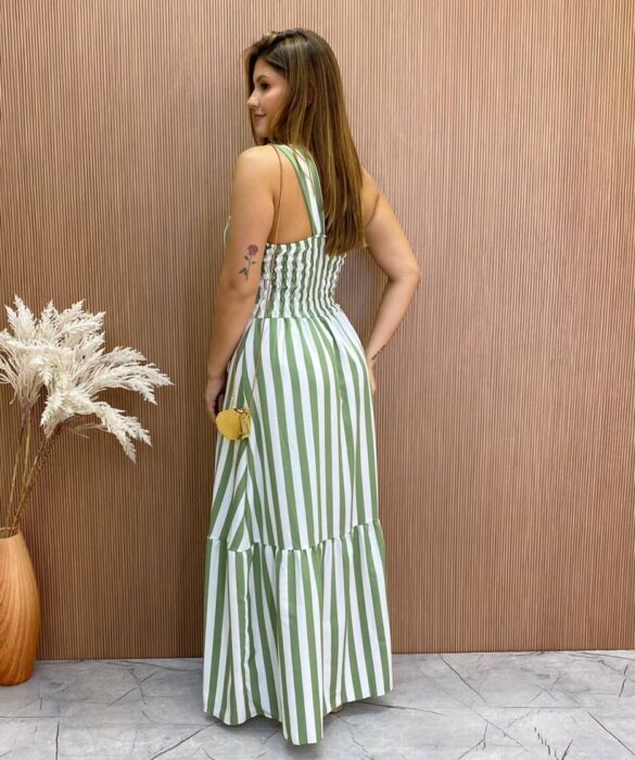 Vestido Longo Antonella com Bojo Nula Manga Listrado Verde - Fernanda Ramos Store