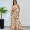 Vestido Longo Bia com Bojo Detalhe em Babado Estampado Bege - Fernanda Ramos Store