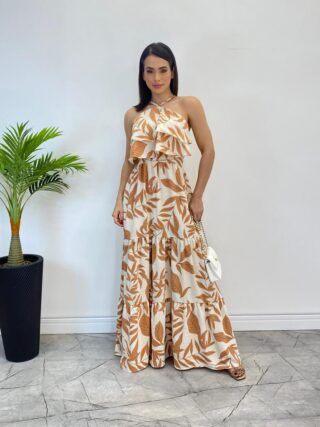 Vestido Longo Bia com Bojo Detalhe em Babado Estampado Bege - Fernanda Ramos Store