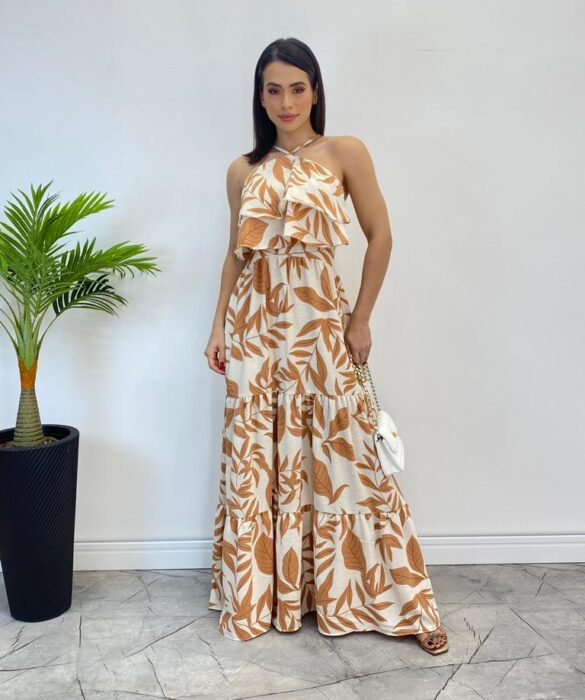 Vestido Longo Bia com Bojo Detalhe em Babado Estampado Bege - Fernanda Ramos Store