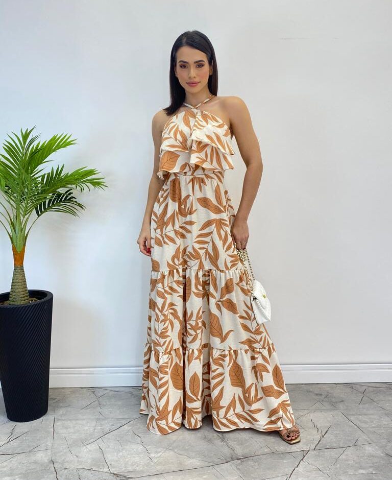 Vestido Longo Bia com Bojo Detalhe em Babado Estampado Bege - Fernanda Ramos Store