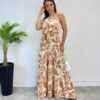 Vestido Longo Bia com Bojo Detalhe em Babado Estampado Bege - Fernanda Ramos Store