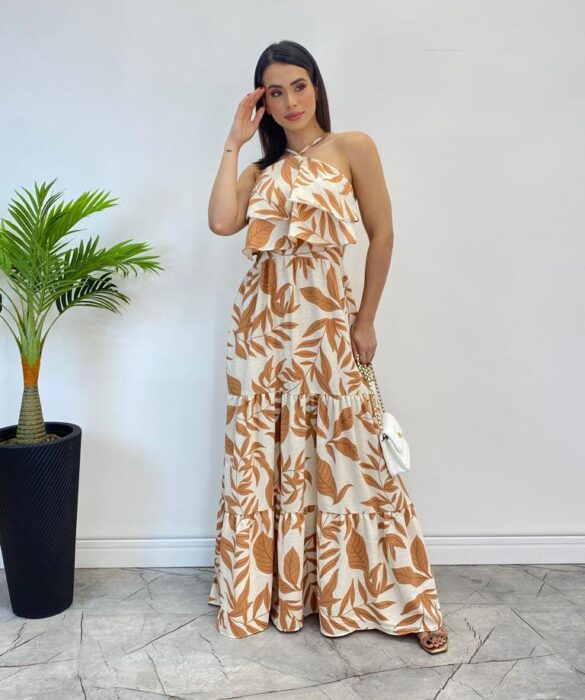 Vestido Longo Bia com Bojo Detalhe em Babado Estampado Bege - Fernanda Ramos Store