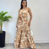 Vestido Longo Bia com Bojo Detalhe em Babado Estampado Bege - Fernanda Ramos Store