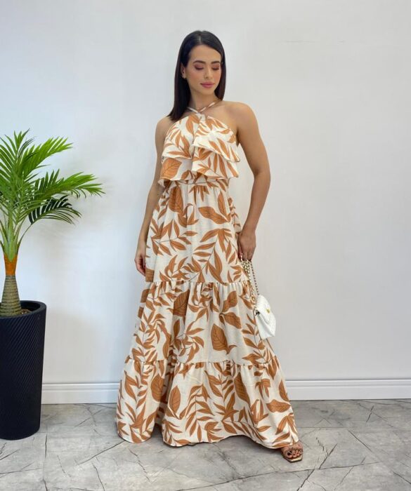 Vestido Longo Bia com Bojo Detalhe em Babado Estampado Bege - Fernanda Ramos Store