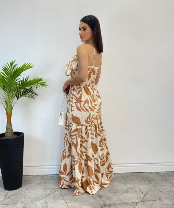 Vestido Longo Bia com Bojo Detalhe em Babado Estampado Bege - Fernanda Ramos Store