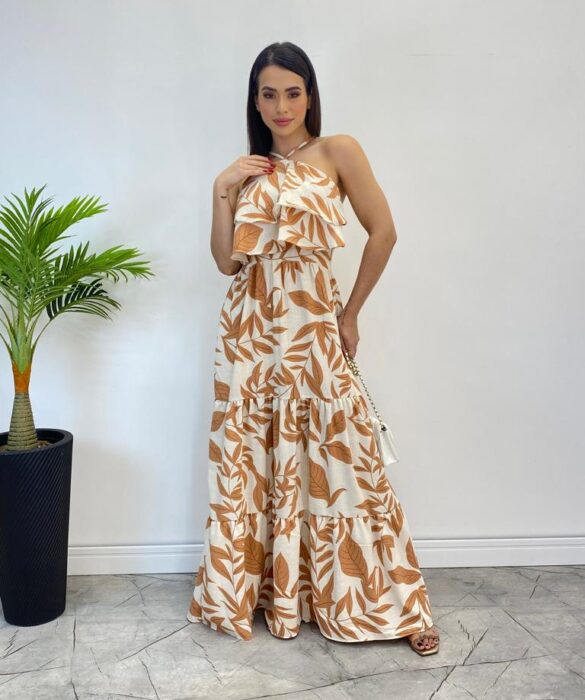 Vestido Longo Bia com Bojo Detalhe em Babado Estampado Bege - Fernanda Ramos Store