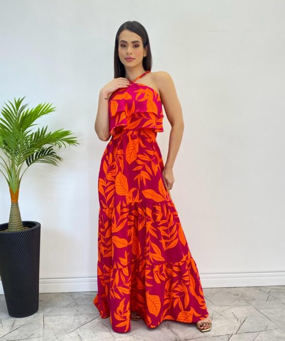 Vestido Longo Bia com Bojo Detalhe em Babado Estampado Pink - Fernanda Ramos Store