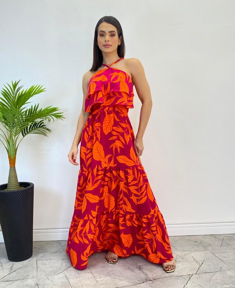 Vestido Longo Bia com Bojo Detalhe em Babado Estampado Pink - Fernanda Ramos Store