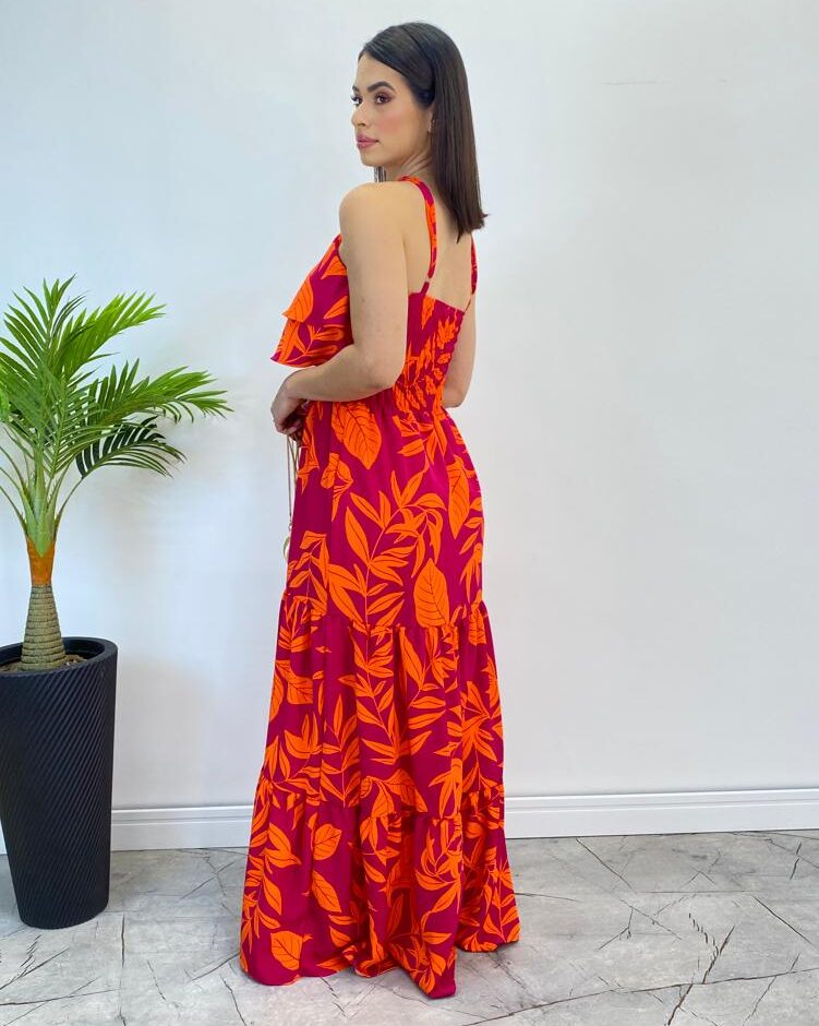 Vestido Longo Bia com Bojo Detalhe em Babado Estampado Pink - Fernanda Ramos Store