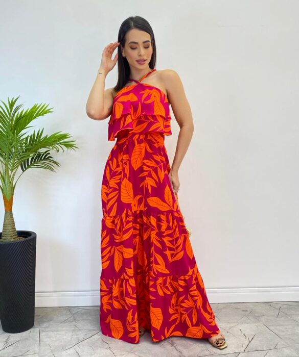 Vestido Longo Bia com Bojo Detalhe em Babado Estampado Pink - Fernanda Ramos Store