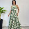 Vestido Longo Bia com Bojo Detalhe em Babado Estampado Verde - Fernanda Ramos Store