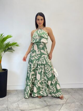 Vestido Longo Bia com Bojo Detalhe em Babado Estampado Verde - Fernanda Ramos Store