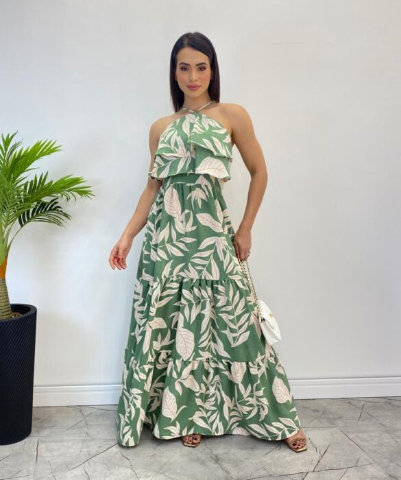 Vestido Longo Bia com Bojo Detalhe em Babado Estampado Verde - Fernanda Ramos Store