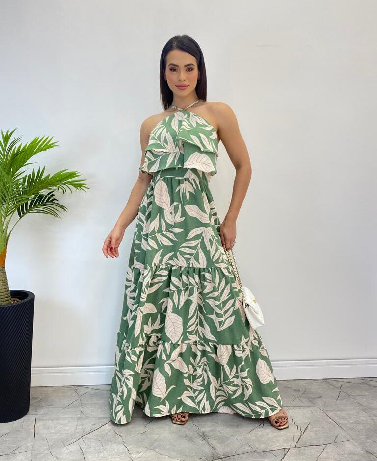 Vestido Longo Bia com Bojo Detalhe em Babado Estampado Verde - Fernanda Ramos Store