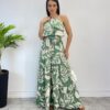 Vestido Longo Bia com Bojo Detalhe em Babado Estampado Verde - Fernanda Ramos Store