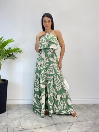 Vestido Longo Bia com Bojo Detalhe em Babado Estampado Verde - Fernanda Ramos Store