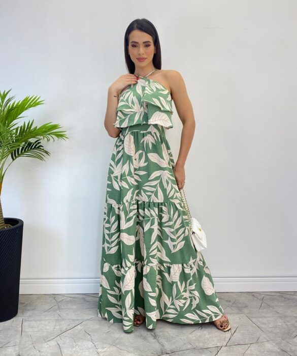 Vestido Longo Bia com Bojo Detalhe em Babado Estampado Verde - Fernanda Ramos Store