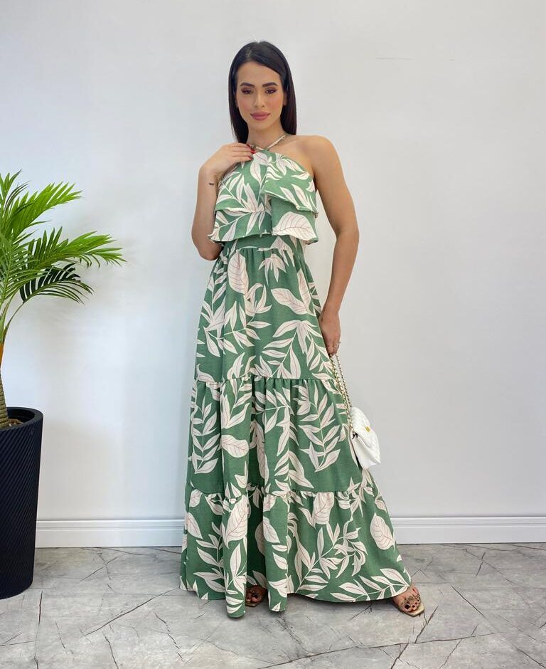 Vestido Longo Bia com Bojo Detalhe em Babado Estampado Verde - Fernanda Ramos Store