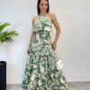 Vestido Longo Bia com Bojo Detalhe em Babado Estampado Verde - Fernanda Ramos Store