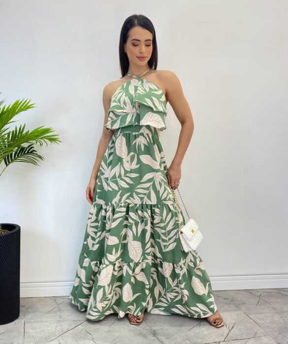 Vestido Longo Bia com Bojo Detalhe em Babado Estampado Verde - Fernanda Ramos Store