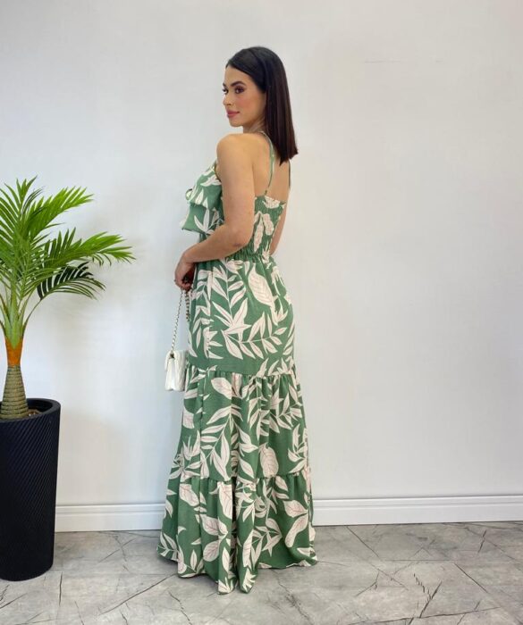 Vestido Longo Bia com Bojo Detalhe em Babado Estampado Verde - Fernanda Ramos Store