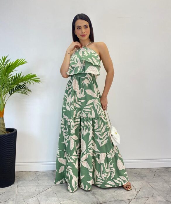 Vestido Longo Bia com Bojo Detalhe em Babado Estampado Verde - Fernanda Ramos Store