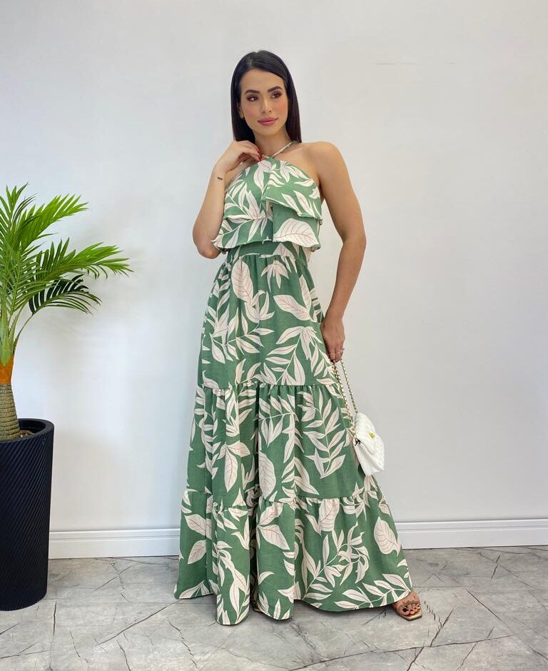 Vestido Longo Bia com Bojo Detalhe em Babado Estampado Verde - Fernanda Ramos Store
