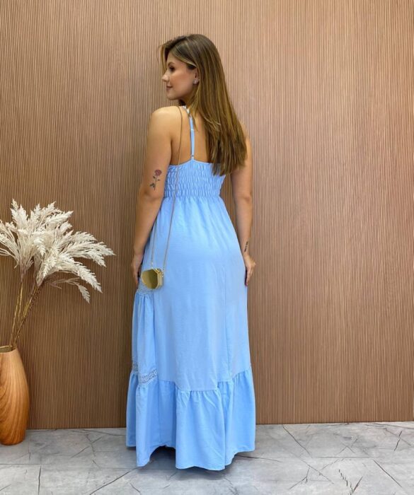 Vestido Longo com Bojo Alça Regulável Detalhe em Guipir Azul - Fernanda Ramos Store