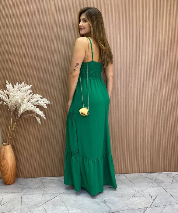 Vestido Longo com Bojo Alça Regulável Detalhe em Guipir Verde - Fernanda Ramos Store