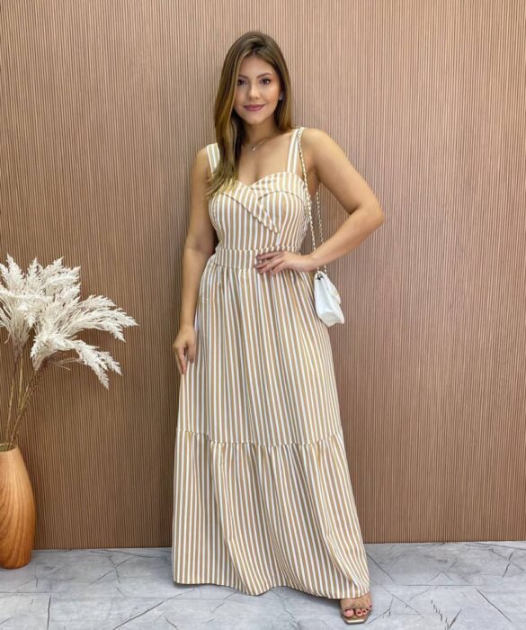 Vestido Longo Fernanda com Bojo Listrado Bege - Fernanda Ramos Store