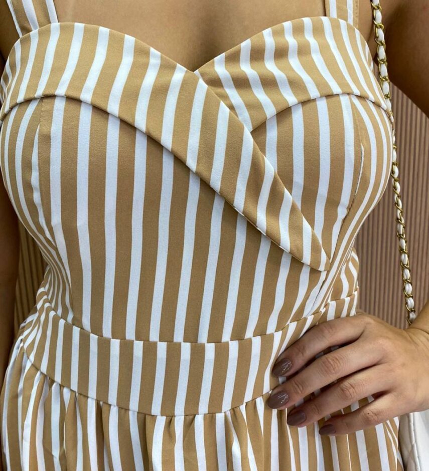 Vestido Longo Fernanda com Bojo Listrado Bege - Fernanda Ramos Store